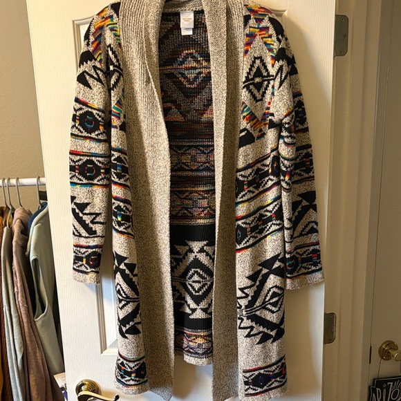 Northern Angel Sweaters - Boho Aztec Print Long Cardigan Sweater | Open Front | Cozy Tribal Duster size M